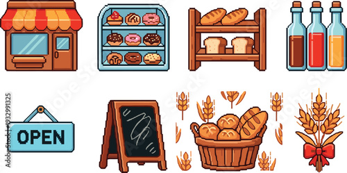 Pixel art bakery and pastry shop icon set featuring bread baskets, donuts, shop front, open sign, blackboard, wheat, and glass bottles.