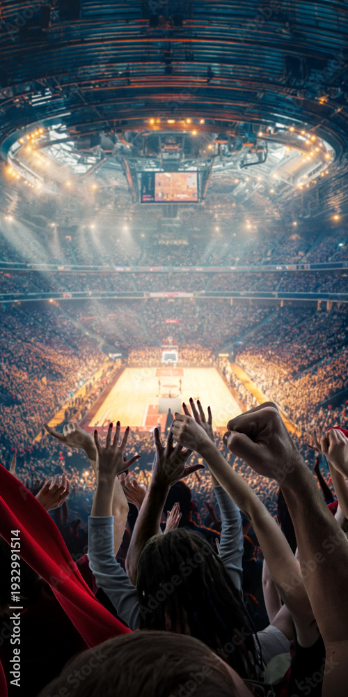 Fototapeta premium Crowd cheering inside large indoor basketball stadium with illuminated scoreboard. Concept of mass audience engagement, sports marketing visuals and arena event promotion.