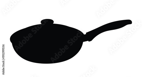 A stark black silhouette of a frying pan showcasing its curved form and handle design silhouette high quality professional