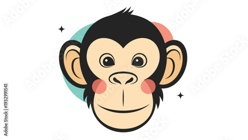 Friendly cartoon monkey face with pink cheeks and a big smile set against a colorful abstract background with star accents.