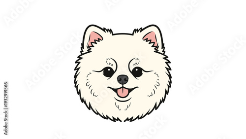 Cute face of a white Pomeranian dog with dark eyes and a happy tongue-out expression in a clean illustrated style.