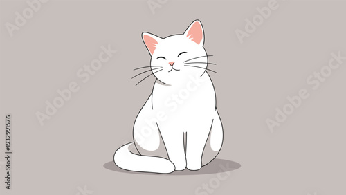 Adorable white cat sitting peacefully with its eyes closed and a contented smile on a neutral grey background in a flat art style.
