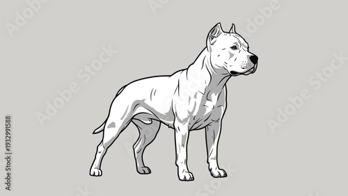 Strong and muscular American Bully dog standing in profile with a grey and white coat on a neutral light grey background.