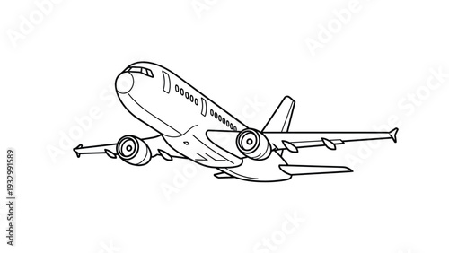 Line art illustration of a commercial jet airplane taking off or in flight with engines and wings clearly visible on a white background.