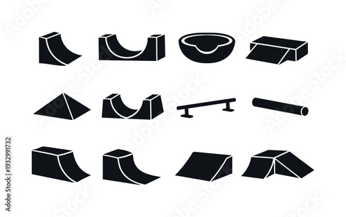 Skatepark Trick Icons. Solid vector icons of skatepark tricks: quarter pipe, halfpipe, bowl, funbox, pyramid ramp, spine ramp,