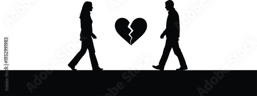 Broken Heart Couple Silhouette Vector Illustration, Relationship Breakup Concept Illustrator Design Showing Man and Woman Separation Symbol