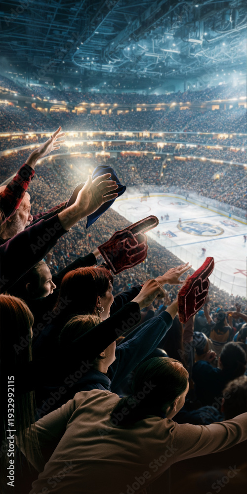 Fototapeta premium Ice hockey fans cheering in packed arena with raised hands and foam fingers above the rink. Concept of winter sports championship, mass audience engagement and live arena entertainment industry.