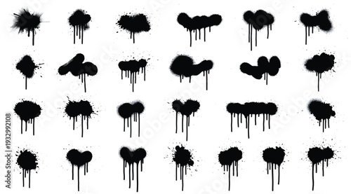 Collection of black ink blots and splatters on white background for creative design