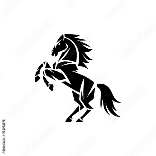 Stunning black horse rearing up on hind legs with flowing mane