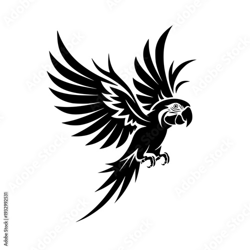 Majestic black parrot in mid flight with outstretched wings