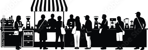 Coffee shop bar counter silhouettes, customers ordering drinks at cafe isolated on white background retail beverage vector illustration