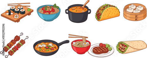 World cuisine vector icon set featuring Japanese sushi, Italian pasta, Mexican taco, Chinese dumplings, Middle Eastern kebab, grilled steak, ramen noodles, and burrito isolated on white.