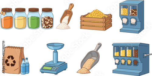 Zero waste grocery store shop elements with bulk food dispensers glass jars wooden crates recycled paper bags digital scales and scoops isolated vector illustration