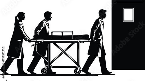 Medical team silhouette transporting patient on stretcher, emergency hospital staff moving gurney isolated on white background, healthcare concept