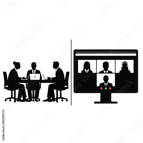 Business meeting and video conference call technology silhouettes isolated on transparent