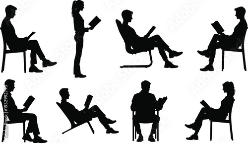 People reading books silhouette set, men and women sitting with novels isolated vector illustration on white background