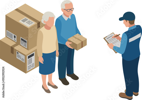 Courier completing parcel delivery confirmation with senior couple, flat isometric vector illustration of home logistics service