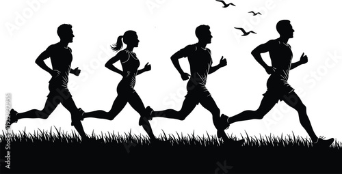 Running people silhouette set, male and female joggers exercising outdoors on grass, fitness training lifestyle vector illustration isolated
