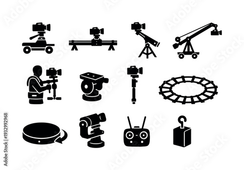 Collection of professional filmmaking equipment icons for video production and cinematography