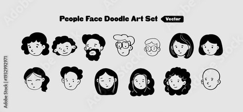 Cute People Face Doodle Character Set Vector