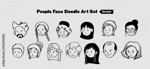 Cute People Face Doodle Character Set Vector