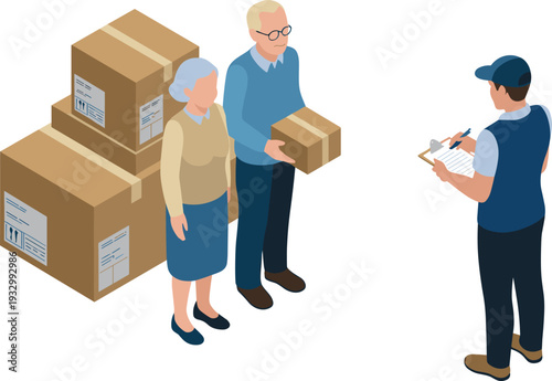 Courier confirming home package delivery with senior couple, flat isometric vector illustration of logistics and parcel service