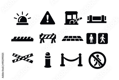 Collection of black security and safety icons on a white background