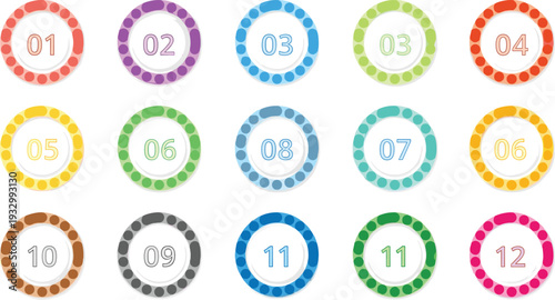 Colorful numbered circle infographic icon set from one to twelve featuring vibrant dotted borders for step by step process, timelines, and instructional web design elements.
