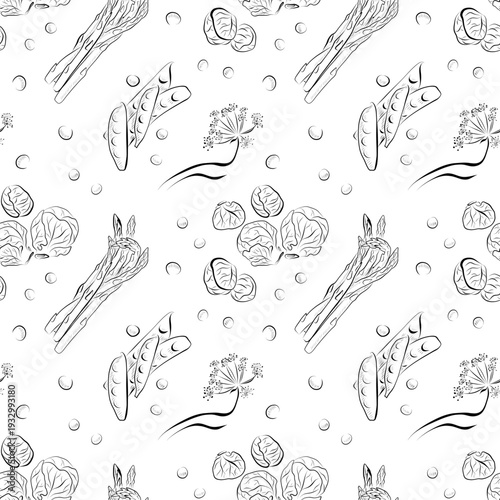 Seamless pattern of line drawings asparagus, Brussels sprouts, peas, and plants