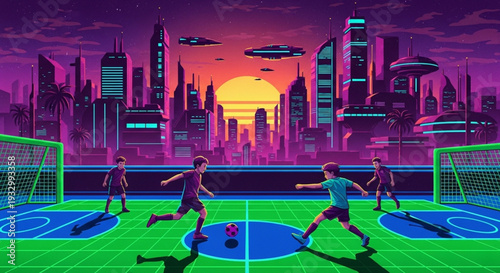 Children playing football on a court in acid green and electric blue, while a futuristic metropolis appears in the background — vector illustration, synthwave vibe.