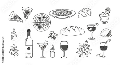 An assortment of wine, cheese, and bread illustrations on a clean white background, viewed directly from above.