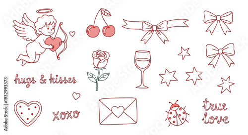 Collection of love-themed illustrations including cherubs, hearts, and flowers in a whimsical style
