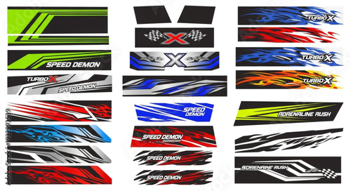 Collection of vibrant racing car decals with dynamic speed design elements.
