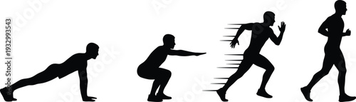 Man exercise progression silhouette set showing push up squat sprint and jogging sequence, isolated fitness training concept on white background