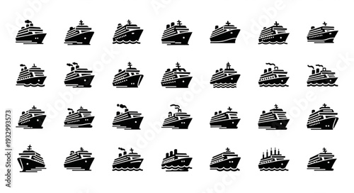 Collection of various cruise ships in black and white, side view.