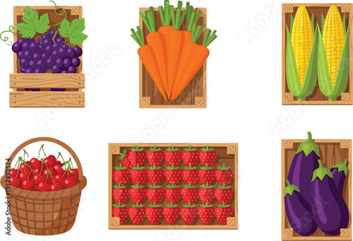 Set of fresh organic vegetables and fruits in wooden crates and baskets, including grapes, carrots, corn, cherries, strawberries, and eggplants.