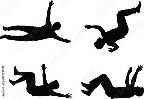 Man falling and flipping in air silhouette set, dynamic body movement poses isolated on white background vector illustration
