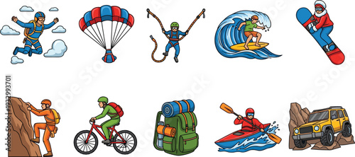 Extreme sports and outdoor adventure vector icon set featuring skydiving, paragliding, bungee jumping, surfing, snowboarding, rock climbing,biking, hiking, kayaking, and off-road driving.
