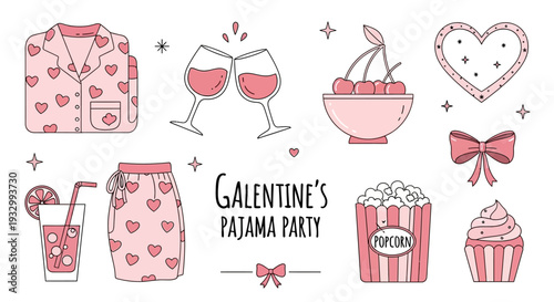 Celebrating Galentine's Pajama Party with Friends, Pajamas, Hearts, Treats, and Drinks in a Fun Illustration