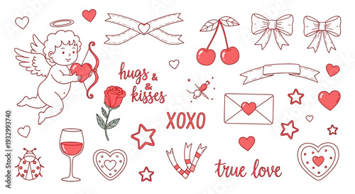 Illustrations of cupid, rose, hearts, and romantic elements convey love and affection in a Valentine's day theme
