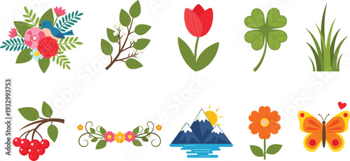 Flat nature and garden vector icon set featuring colorful flowers, spring bird with blossoms, red berries, four leaf clover, mountains by the sea, and butterfly.