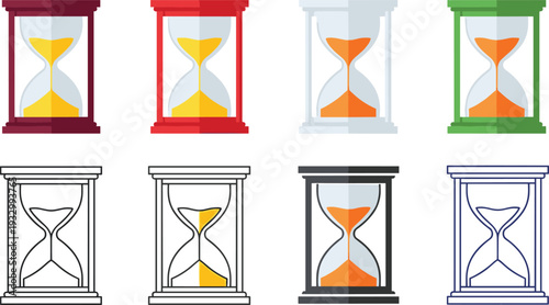 Flat vector hourglass icon set in multiple colors and outline styles for time management, countdown deadlines, history, and productivity concepts isolated on white.