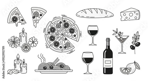 Assorted Italian food and wine illustrations including pizza, wine, and cheese on a clean white background.