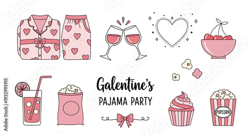 Celebrating Galentine's Pajama Party with Friends, Pajamas, Drinks, Cupcakes, and Hearts in a Fun Illustration