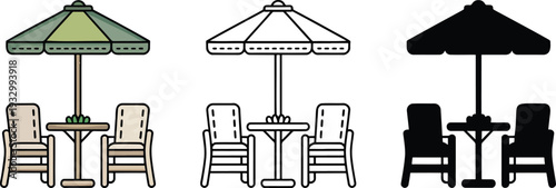 Cafe chairs with umbrella silhouette & Outline and illustration set isolated on transparent background