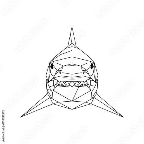 Low poly shark head vector illustration with geometric lines and sharp teeth art