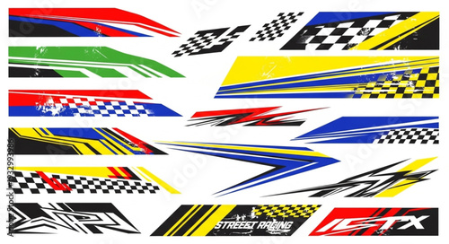 Collection of vibrant racing car decals with dynamic designs and patterns.