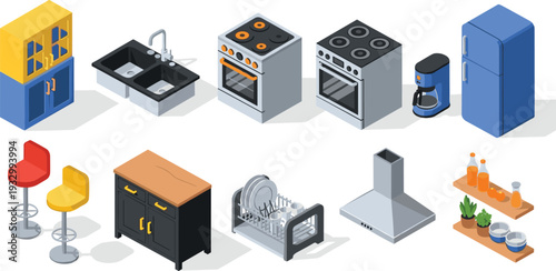 Isometric kitchen interior icons set with refrigerator stove oven sink cabinets dishwasher range hood coffee maker and bar stools for home design.