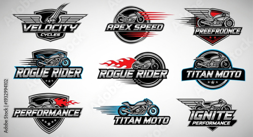 Collection of dynamic motorcycle logos showcasing speed and power with various designs and styles.