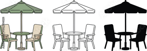Cafe chairs with umbrella silhouette & Outline and illustration set isolated on transparent background
